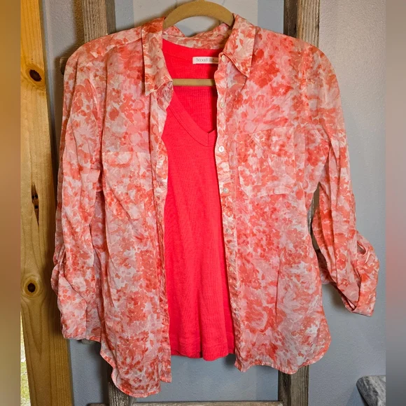 Talbot's CORAL and White Button-Up Blouse 12P - Picture 5 of 5